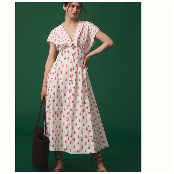 NWT Anthropologie Short-Sleeve V-Neck Pleated Pineapple Midi Dress VacayL